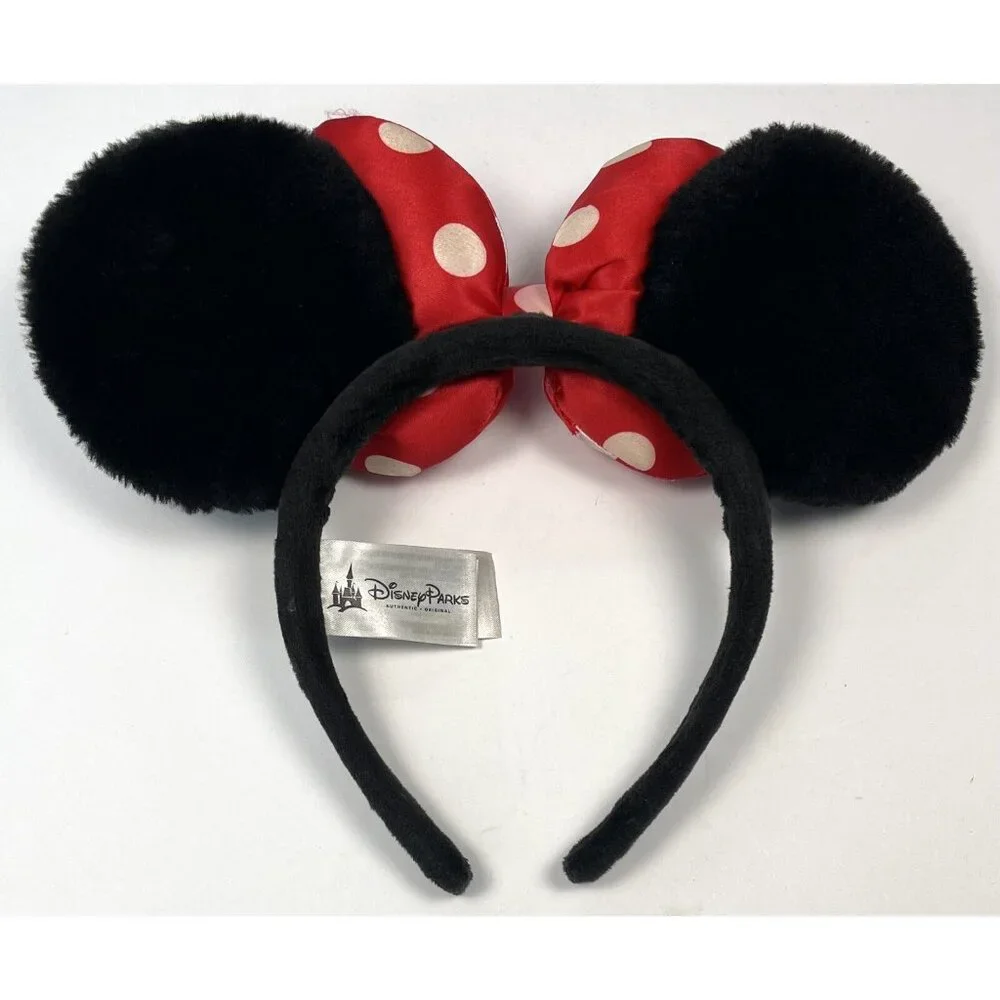 DISNEY PARKS One Size MINNIE MOUSE EARS Black Velvet Red Polka Dot Bow EUC